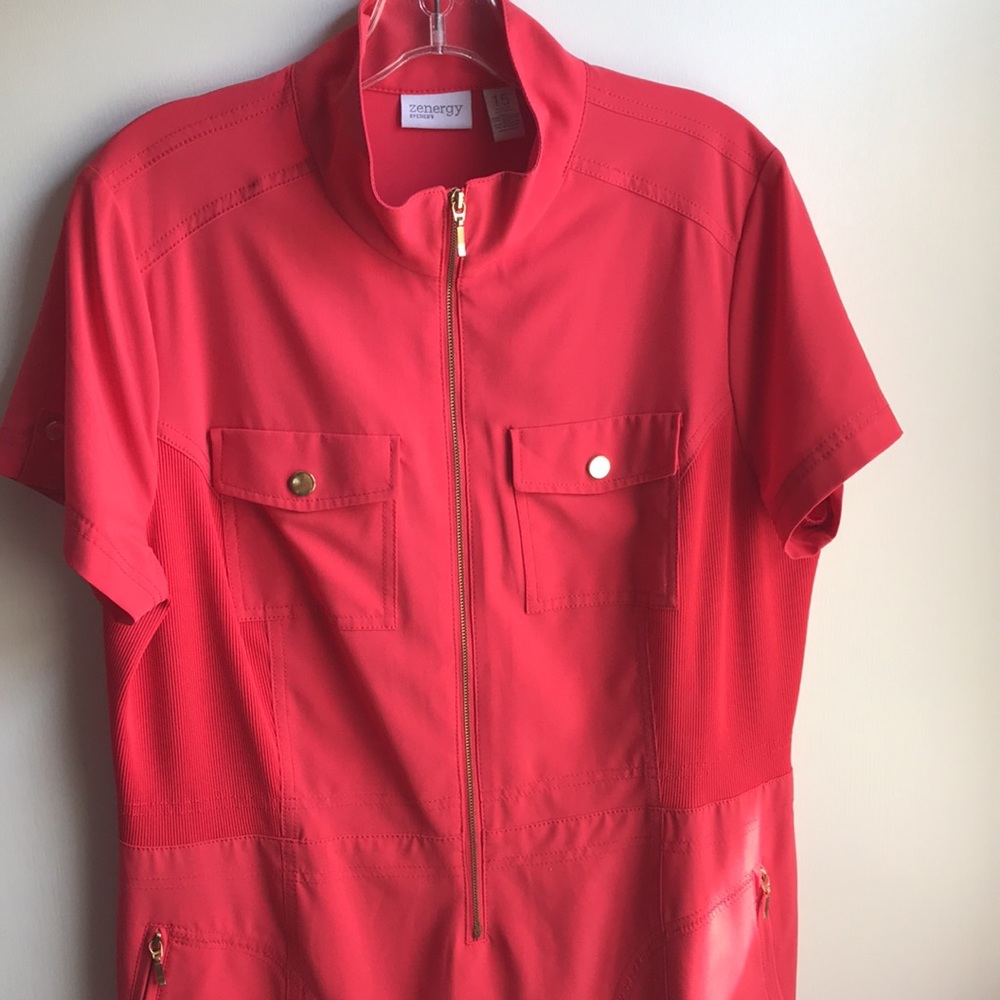 Chico’s Coral Shirt Dress Zip Front Utility Dress Easy care size 1.5 /M/10 Midi - Picture 5 of 11